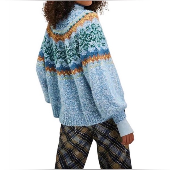 FREE PEOPLE festive frost sweater in ice blue combo Faire Isle Soft Cozy NWT XL - Picture 9 of 11